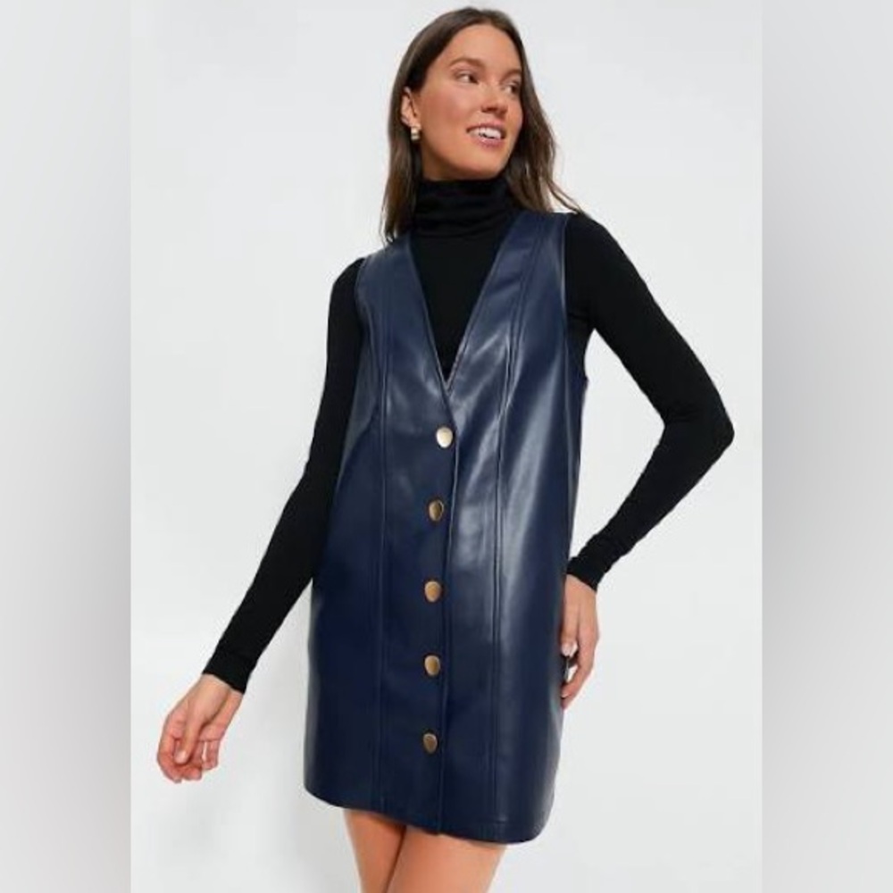 Tuckernuck Hyacinth House Navy Faux Leather Pinafore Dress size Small
